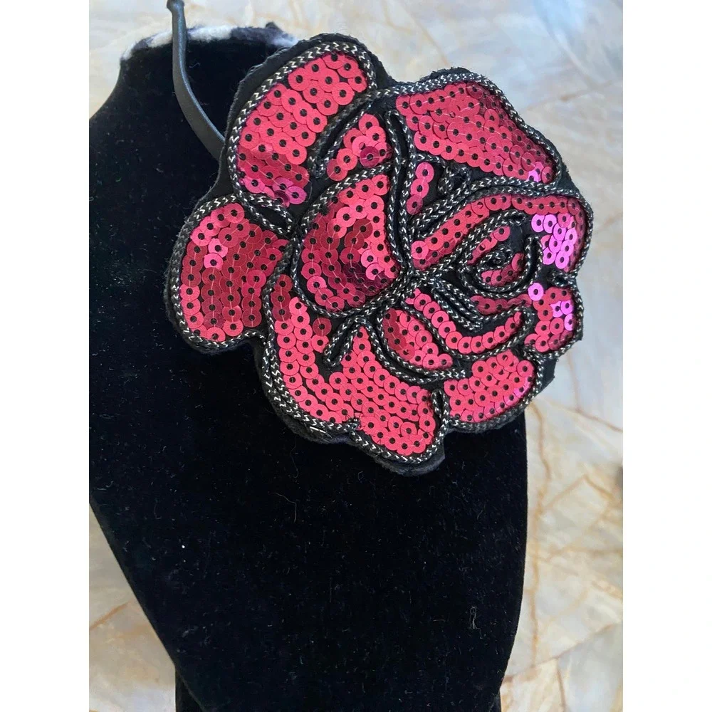Pink Sequin Rose Statement Headband Black Thin Band Floral Glam Accessory